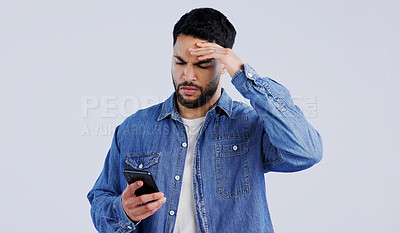 Buy stock photo Man, smartphone and frustrated with doubt for notification, online news and studio background. Arab, male or hands with question on face, shocked expression or reading gossip on cellphone in surprise