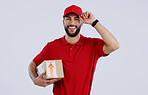 Portrait, happy man and courier with delivery in studio for mock up on white background in Mexico. Male model, smile and excited for logistics, shipping or distribution of package, parcel or order