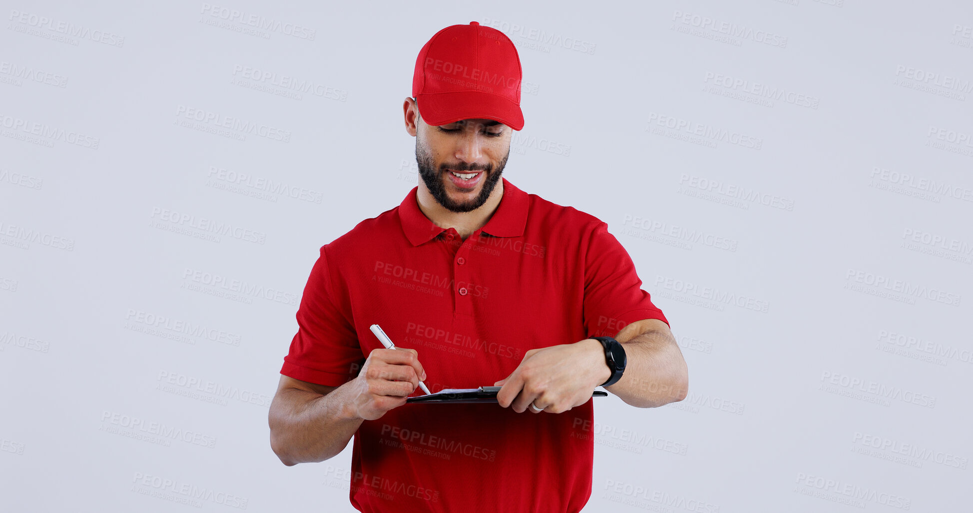 Buy stock photo Happy man, delivery and writing on clipboard for signature, order or form against a studio background. Male person or guy in courier service smile for filling paperwork, legal document or agreement