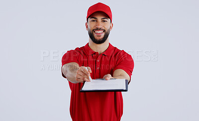 Buy stock photo Courier man, clipboard and studio portrait with giving pen for signature, delivery and happy for shipping. Logistics expert, smile and cardboard package for commercial job with document by background