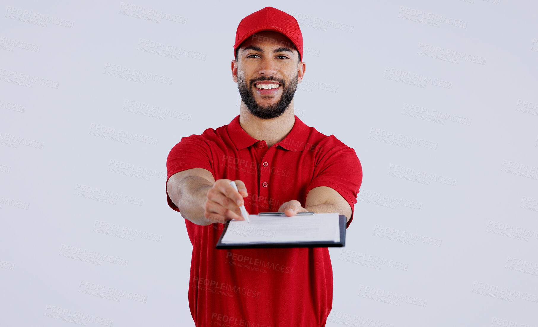 Buy stock photo Courier man, clipboard and studio portrait with giving pen for signature, delivery and happy for shipping. Logistics expert, smile and cardboard package for commercial job with document by background