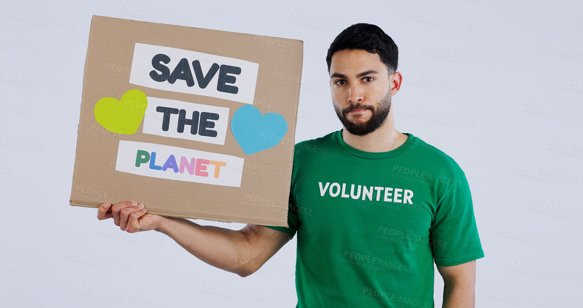 Buy stock photo Volunteer man, poster and studio portrait to save the planet in global warming, crisis or ecology by background. Person, social responsibility and cardboard sign for sustainability for climate change