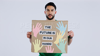 Buy stock photo Man, future and environmental earth poster for social justice or human rights, studio or white background. Male person, portrait and climate change or planet help, pollution protest on cardboard sign