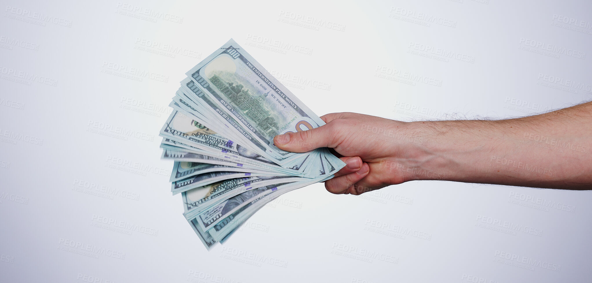 Buy stock photo Hand, payment and closeup of cash in a studio for retail shopping, paying bills or debt. Mockup, paper money and zoom of person with dollar bank notes for buying products isolated by white background.