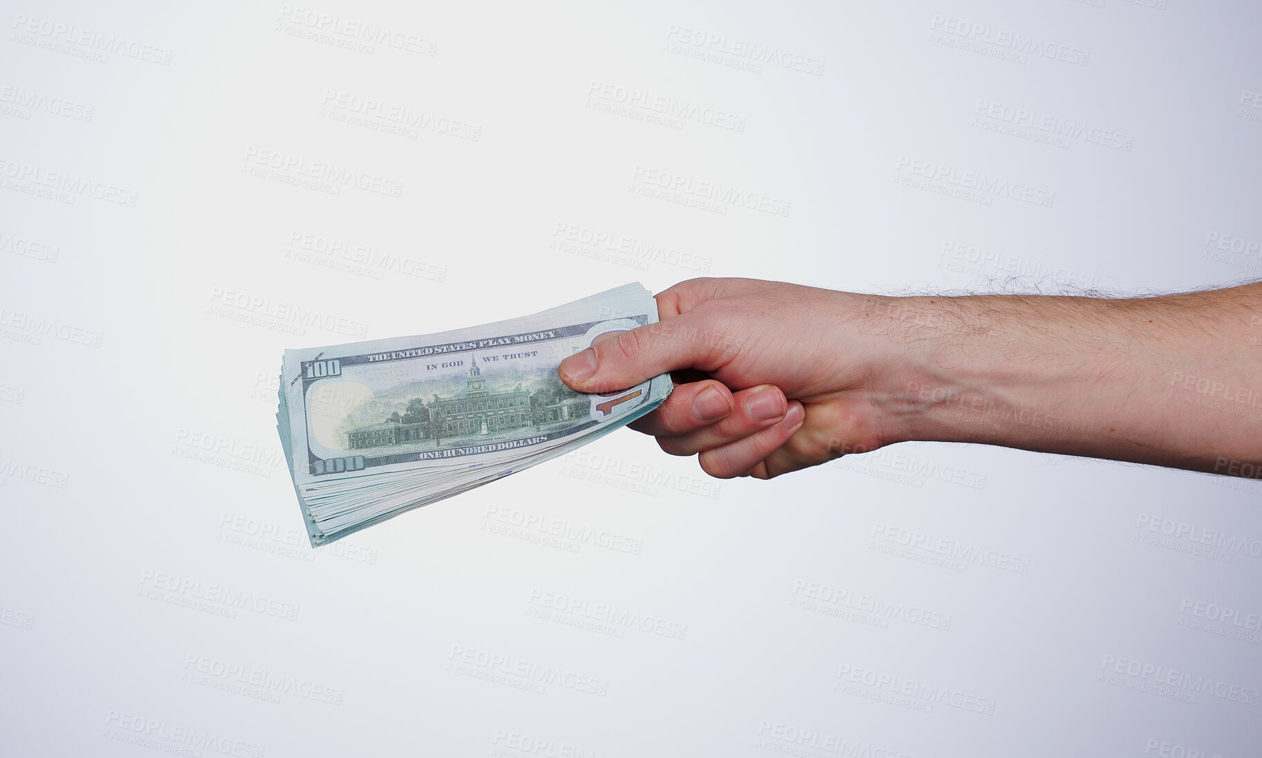 Buy stock photo Hand, payment and closeup of money in a studio for retail shopping, paying bills or debt. Mockup, paper cash and zoom of person with dollar bank notes for buying products isolated by white background.