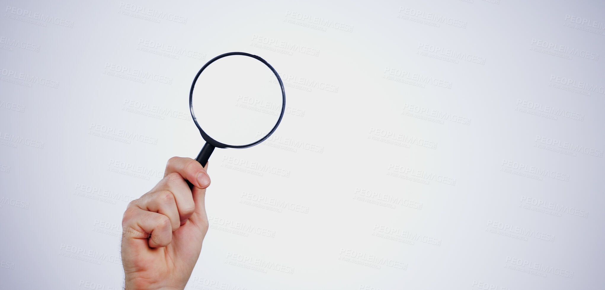 Buy stock photo Magnifying glass searching for deals, hand and investigation, search or study with mockup space on white background. Knowledge, source and spy person with analysis, research and reading with problem solving in studio.