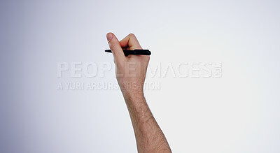 Hands, writing and digital pen with planning, sign and presentation on a white studio background. Closeup, person and model with a message, drawing and ideas with mockup space, creative or futuristic