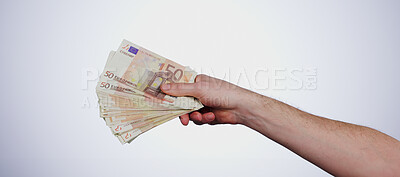 Cash in hand, finance and wealth with bonus, euro notes or bills with lotto winner on white background. Financial freedom, rich person and money fan with payment, investment or savings in a studio