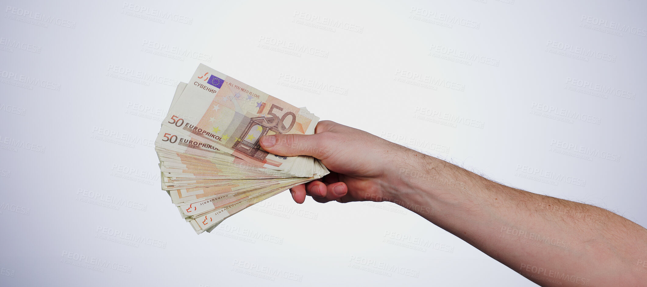 Buy stock photo Cash in hand, finance and wealth with bonus, euro notes or bills with lotto winner on white background. Financial freedom, rich person and money fan with payment, investment or savings in a studio