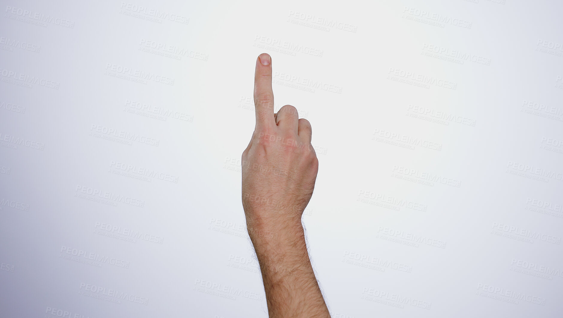 Buy stock photo Finger, hand and click tablet in studio isolated on a white background mockup space. Closeup, touchscreen and press, scroll or swipe on digital technology, phone and gesture on mobile internet app.