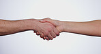 Handshake, partnership and agreement, people with support, trust and team isolated on white background. People shaking hands, introduction or collaboration with thank you and meeting in a studio
