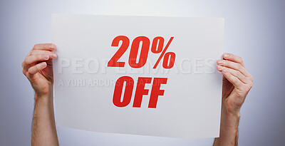 Buy stock photo Hands, 20% discount rate and promotion sign at studio isolated on a white background. Poster, sales deal and special offer of price reduction, clearance advertising and marketing savings in retail shop