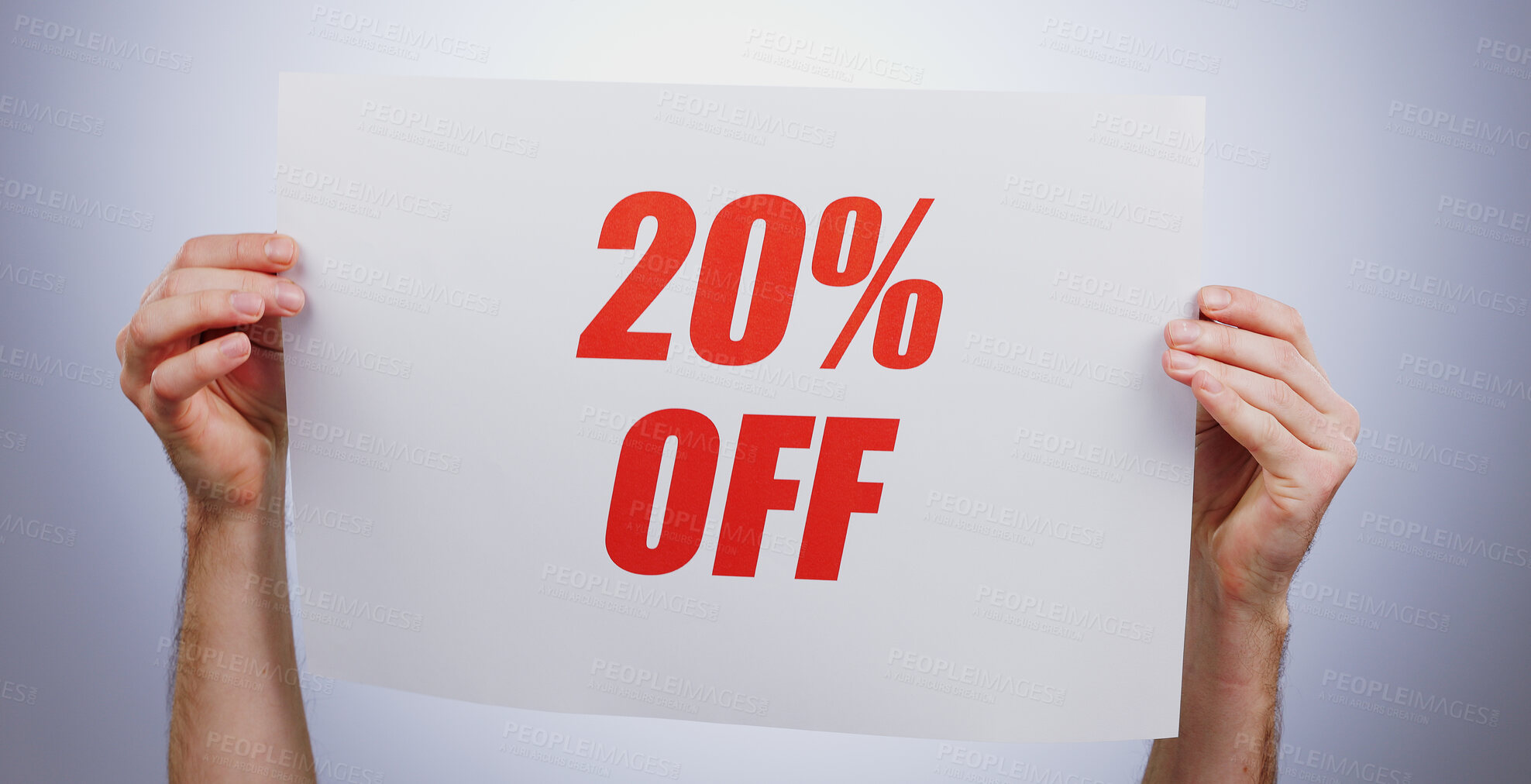 Buy stock photo Hands, 20% discount rate and promotion sign at studio isolated on a white background. Poster, sales deal and special offer of price reduction, clearance advertising and marketing savings in retail shop