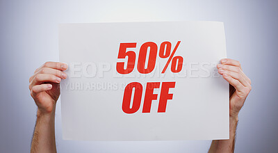 Hands, discount 50 percentage and advertising sign at studio isolated on a white background. Poster, sales deal and special offer of price reduction, half price 50% clearance promotion and marketing savings in retail