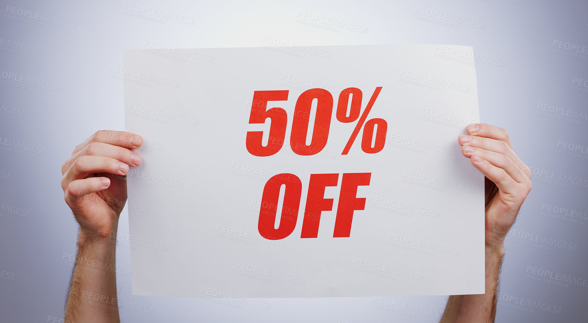 Buy stock photo Hands, discount 50 percentage and advertising sign at studio isolated on a white background. Poster, sales deal and special offer of price reduction, half price 50% clearance promotion and marketing savings in retail