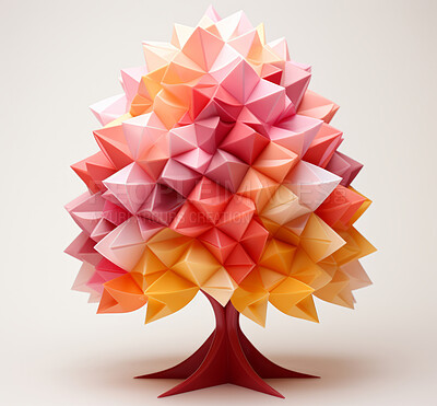 3D tree, leaves and art with lowpoly, design and concept for environment, nature and life. Ai generated, wallpaper and pattern with abstract shapes and colours.