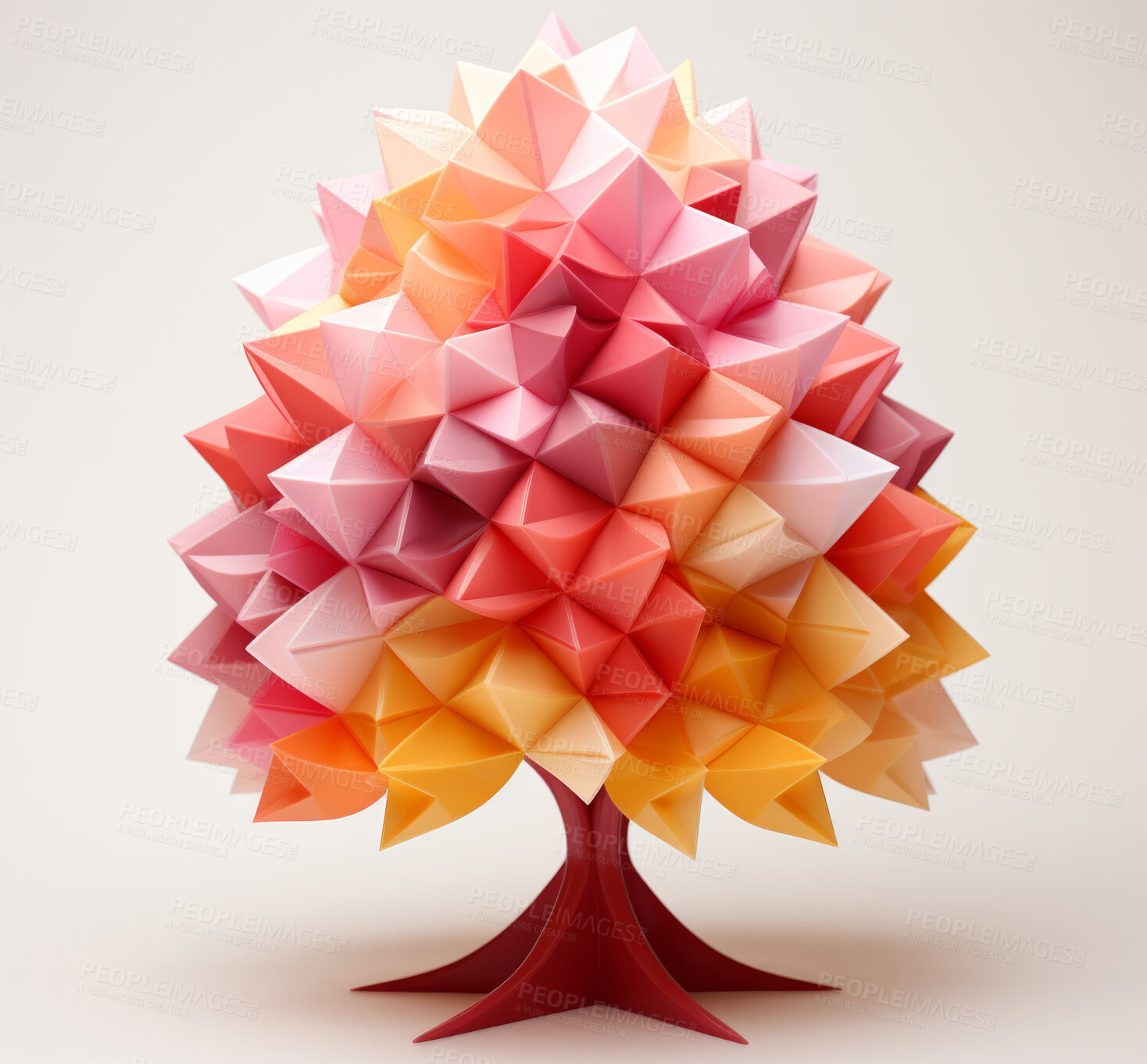 Buy stock photo 3D tree, leaves and art with lowpoly, design and concept for environment, nature  and life. Ai generated, wallpaper and pattern with abstract shapes and colours.