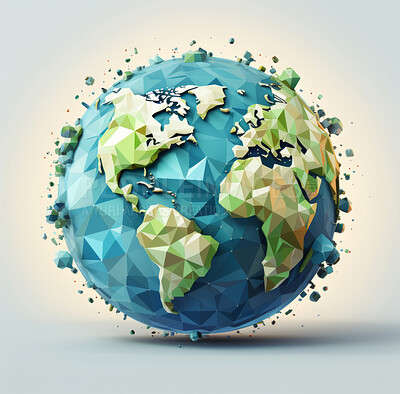 3D earth, planet and continent with lowpoly, design and concept for environment, nature and life. Ai generated, wallpaper and pattern with abstract shapes and colours.