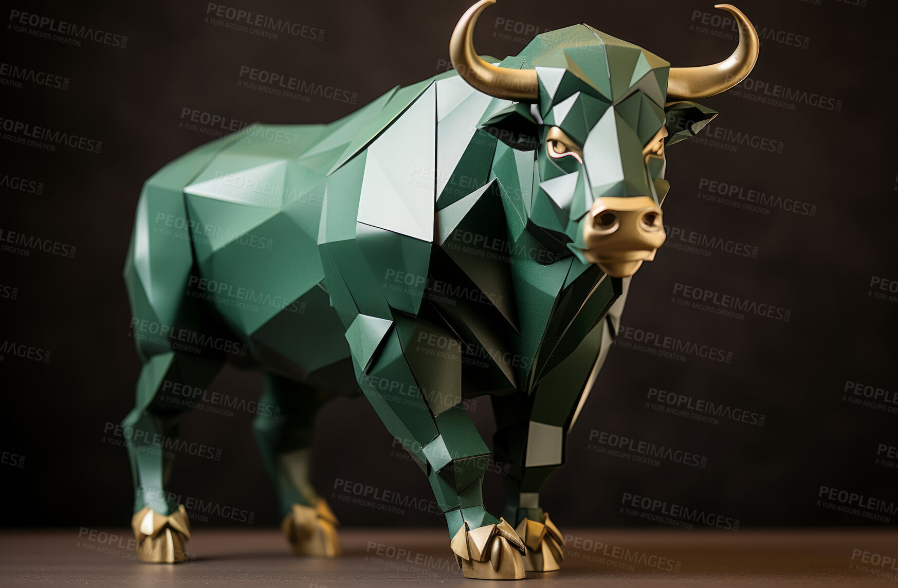 Buy stock photo 3D bull, animal and lowpoly with colour, design and concept for finance, stock market and wall street. Ai generated, wallpaper and pattern with abstract shapes and colours.