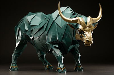 3D bull, animal and lowpoly with colour, design and concept for finance, stock market and wall street. Ai generated, wallpaper and pattern with abstract shapes and colours.