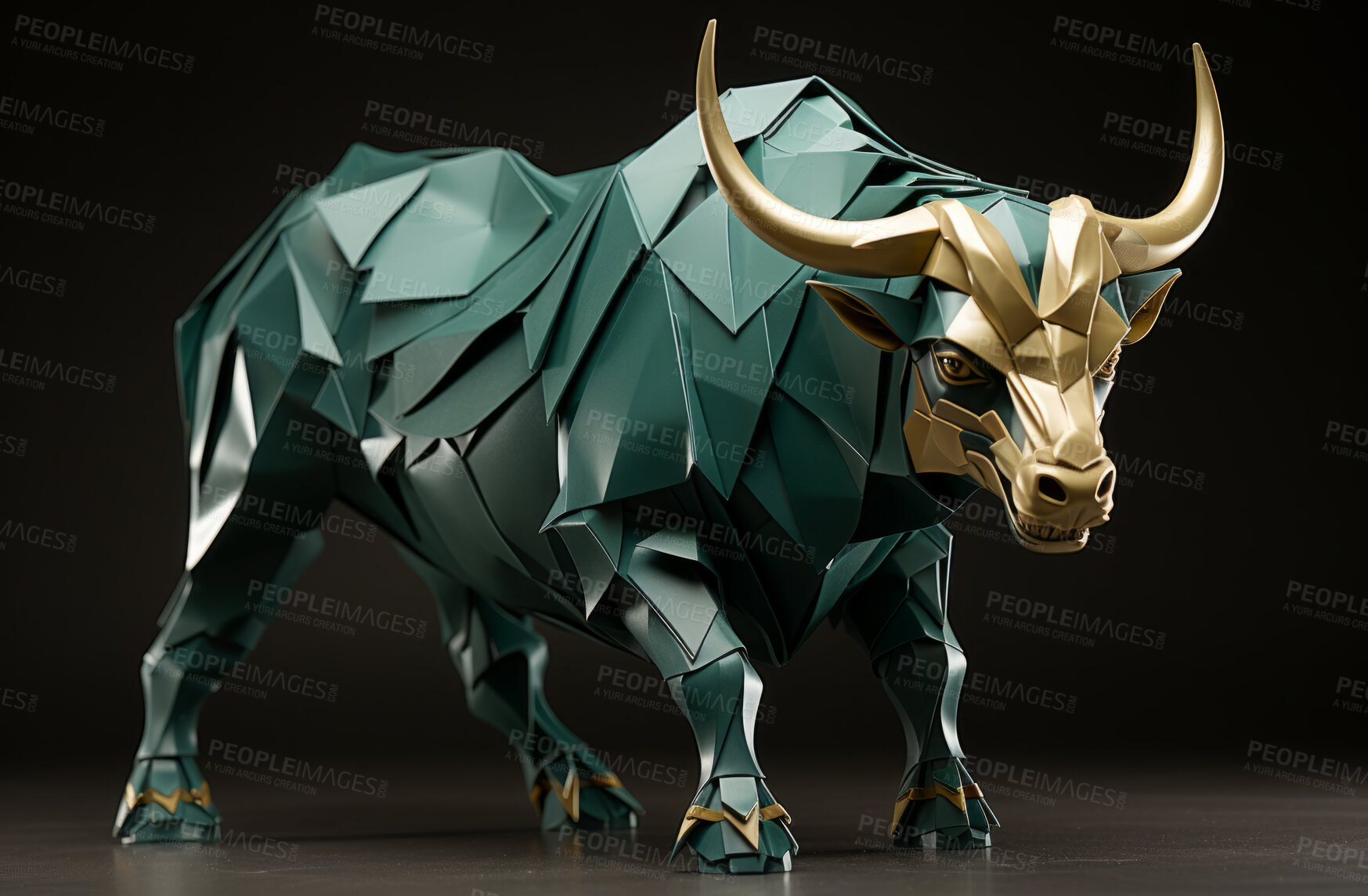 Buy stock photo 3D bull, animal and lowpoly with colour, design and concept for finance, stock market and wall street. Ai generated, wallpaper and pattern with abstract shapes and colours.