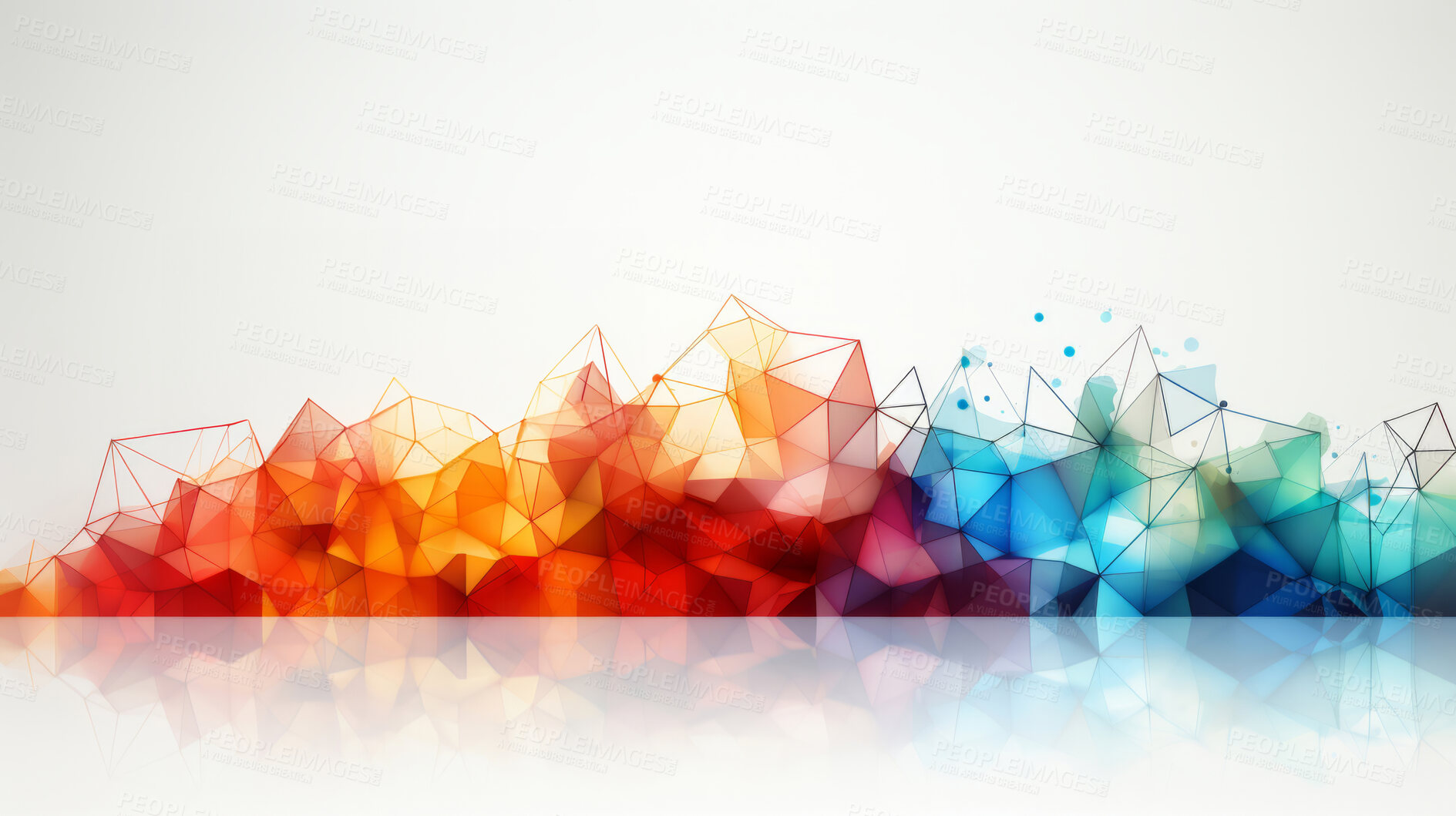 Buy stock photo Polygon, geometric and graph with particles, design and lines for data, creative and background. Ai generated, wallpaper and pattern with abstract shapes and colours.