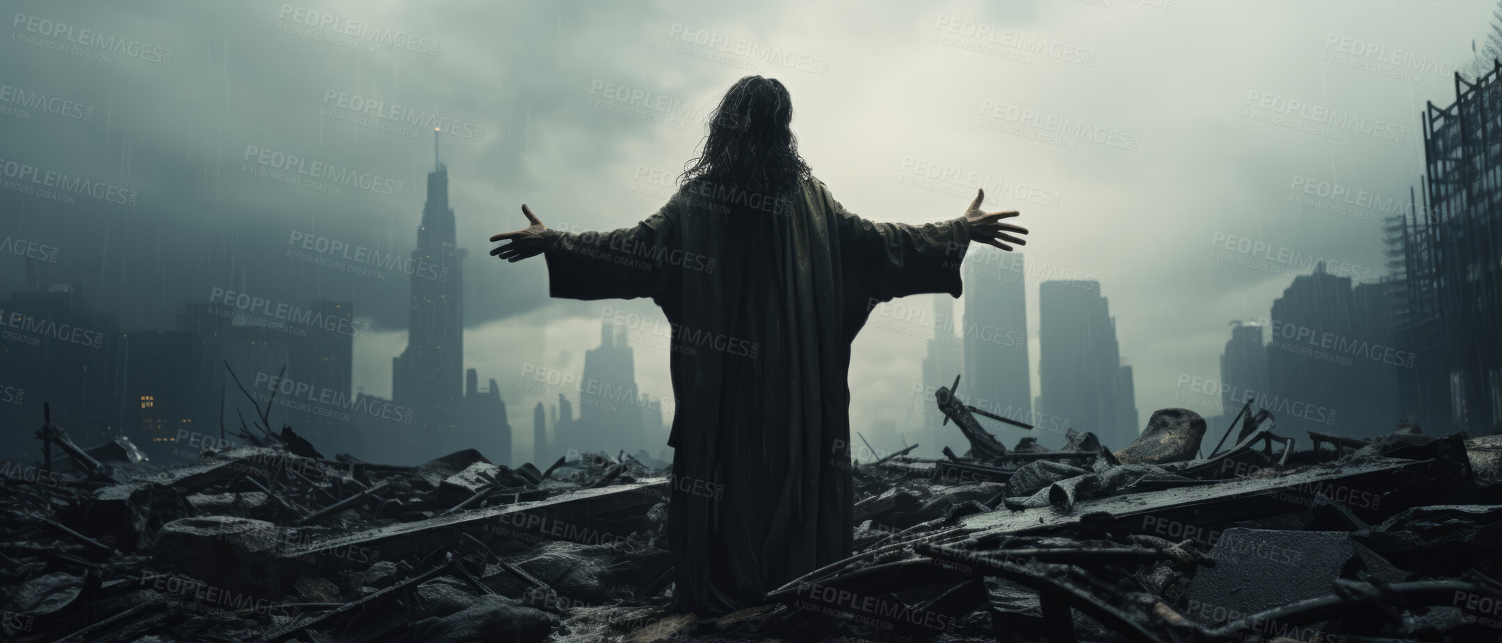 Buy stock photo Figure, ruins and city with buildings in destroyed, apocalyptic or bombed urban area. Warzone, damage or abandoned or broken home and smoke from rubble in distance, landscape or horizon in background.