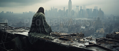 Buy stock photo Figure, ruins and city with buildings in destroyed, apocalyptic or bombed urban area. Warzone, damage or abandoned or broken home and smoke from rubble in distance, landscape or horizon in background.