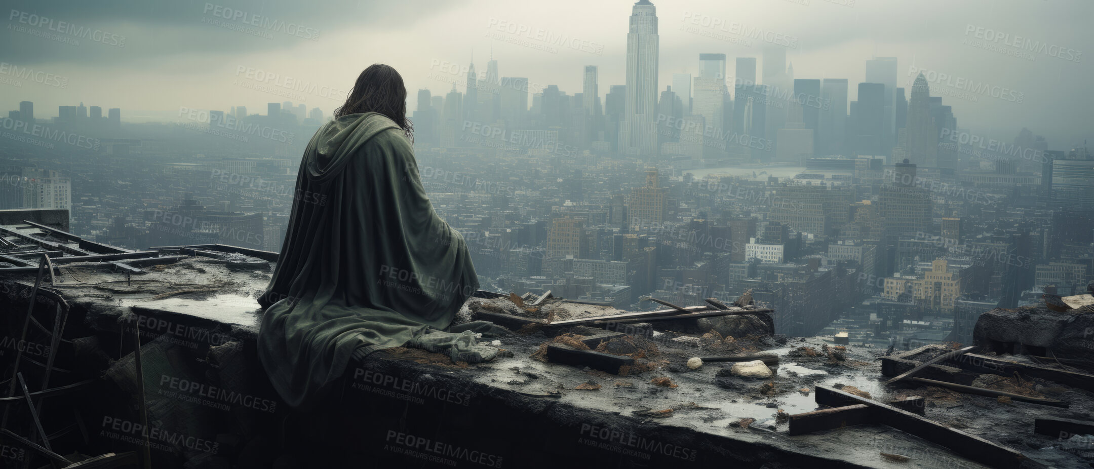 Buy stock photo Figure, ruins and city with buildings in destroyed, apocalyptic or bombed urban area. Warzone, damage or abandoned or broken home and smoke from rubble in distance, landscape or horizon in background.