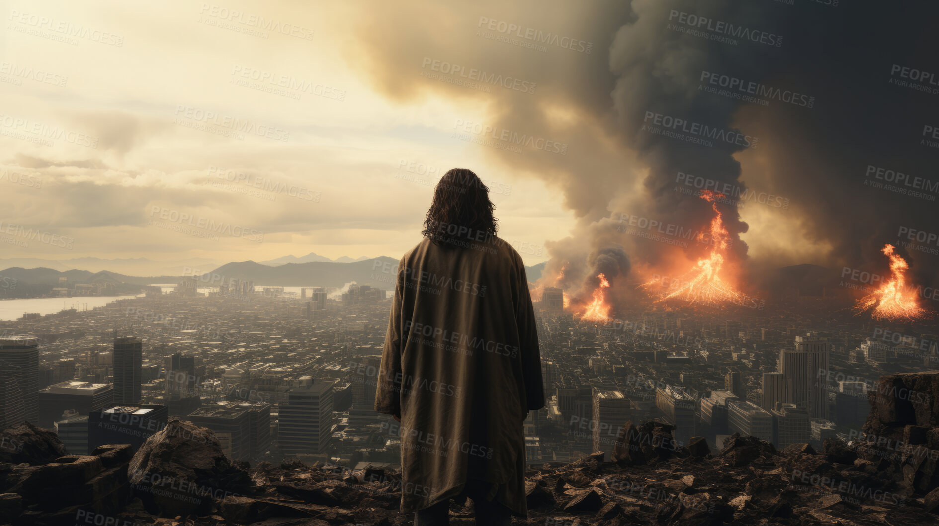 Buy stock photo Figure, ruins and city with buildings in destroyed, apocalyptic or bombed urban area. Warzone, damage or abandoned or broken home and smoke from rubble in distance, landscape or horizon in background.