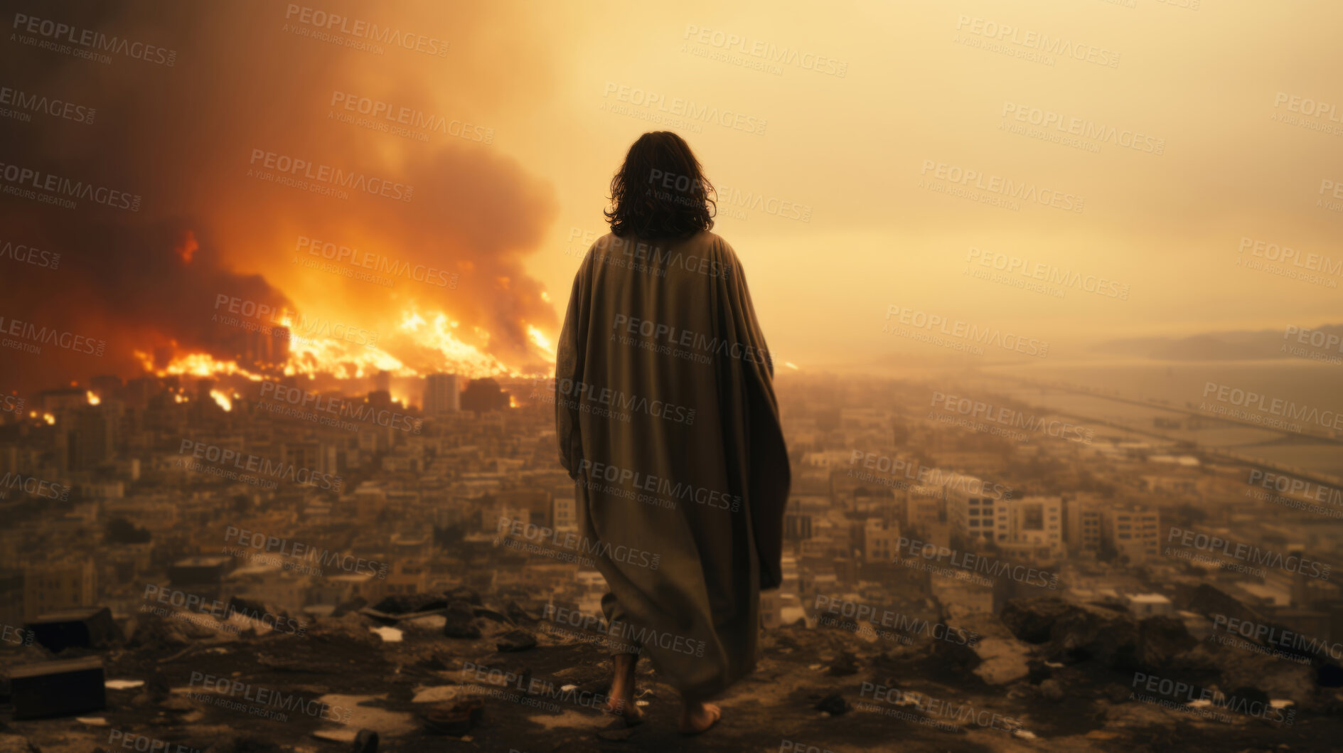 Buy stock photo Figure, ruins and city with buildings in destroyed, apocalyptic or bombed urban area. Warzone, damage or abandoned or broken home and smoke from rubble in distance, landscape or horizon in background.