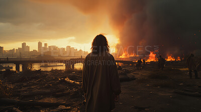 Buy stock photo Figure, ruins and city with buildings in destroyed, apocalyptic or bombed urban area. Warzone, damage or abandoned or broken home and smoke from rubble in distance, landscape or horizon in background.