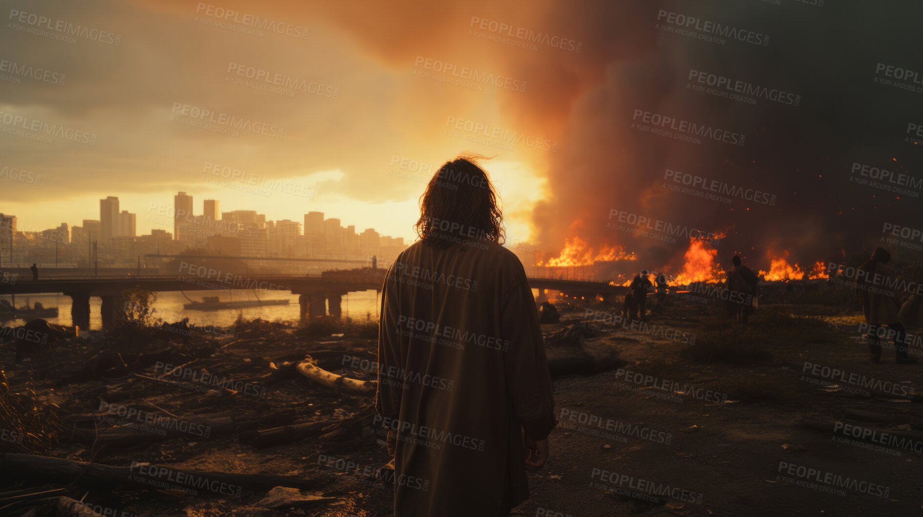 Buy stock photo Figure, ruins and city with buildings in destroyed, apocalyptic or bombed urban area. Warzone, damage or abandoned or broken home and smoke from rubble in distance, landscape or horizon in background.