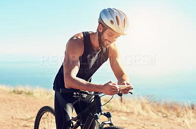Buy stock photo Cropped shot of a male cyclist out for a ride on his mountain bike