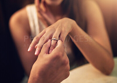 Buy stock photo Engagement, proposal and couple hands with ring in restaurant for celebration, wedding and marriage. Love, happy and man and woman with diamond jewelry on finger for date, commitment and romance