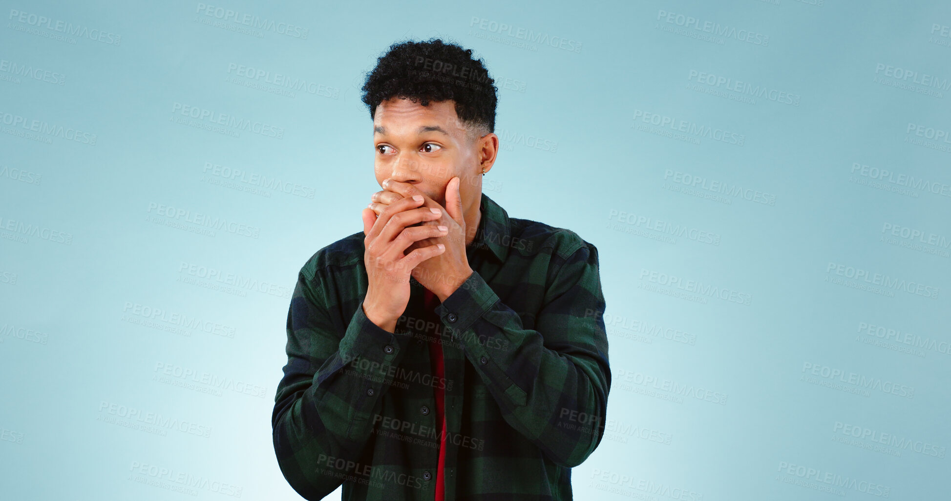 Buy stock photo Wow, surprise and hands on face of man in studio with shocking, news or info on blue background. Omg, gossip and male model with emoji reaction or drama, announcement or secret, giveaway or promotion