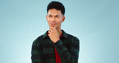 Buy stock photo Thinking, confused and man doubt decision in studio isolated on a blue background mockup space. Solution, idea and person with question, contemplating and problem solving, planning choice or remember