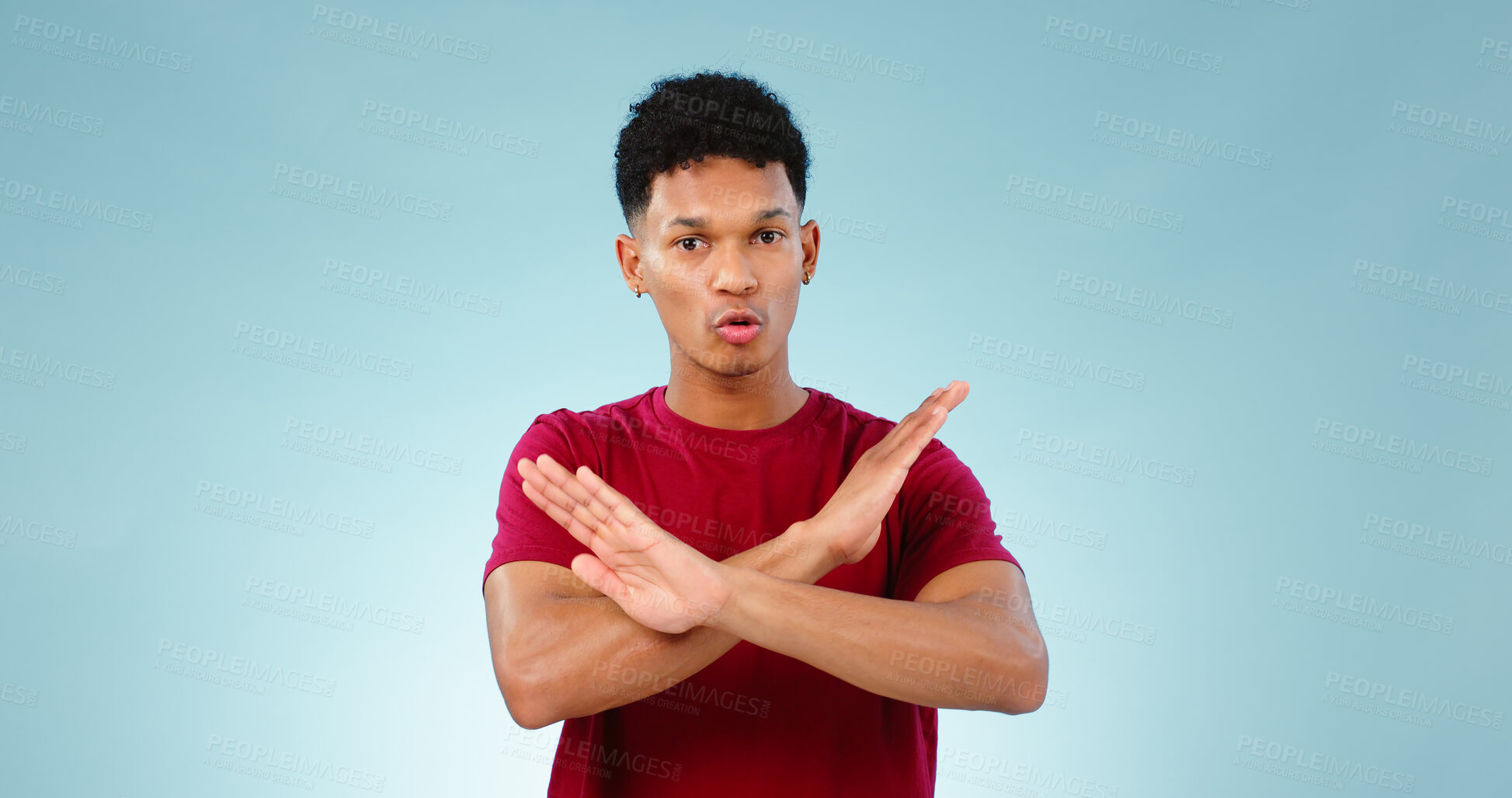 Buy stock photo Portrait, man and cross for no in studio for mockup of protest, rejection and warning with sign. Male model, talking and opinion on human rights, equal pay or social justice in space with gesture