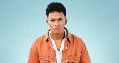 Buy stock photo Man, confused and portrait in studio with thinking mindset, doubt and problem with choice in mockup. Young person, brazilian and unsure face with question, idea error and decision by blue background