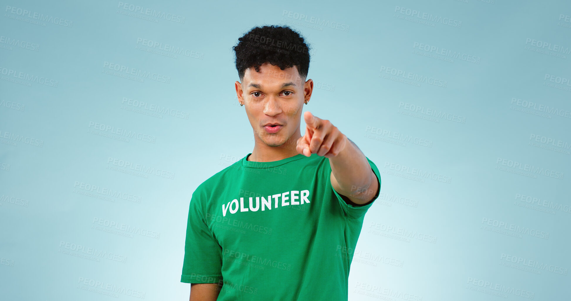 Buy stock photo Portrait, man and pointing at you for volunteer in studio for climate change mockup on blue background in Cape Town. Young, male model and talking for support, decision and eco friendly for future