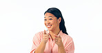 Portrait, smile and pointing with an asian woman isolated on a white background to vote for you. Decision, choice and hand gesture of a happy young person looking confident in her option or selection