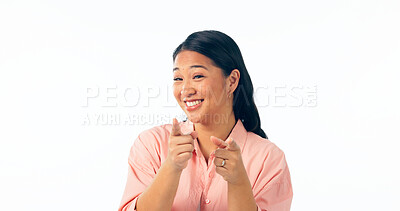 Buy stock photo Portrait, smile and pointing with an asian woman isolated on a white background to vote for you. Decision, choice and hand gesture of a happy young person looking confident in her option or selection