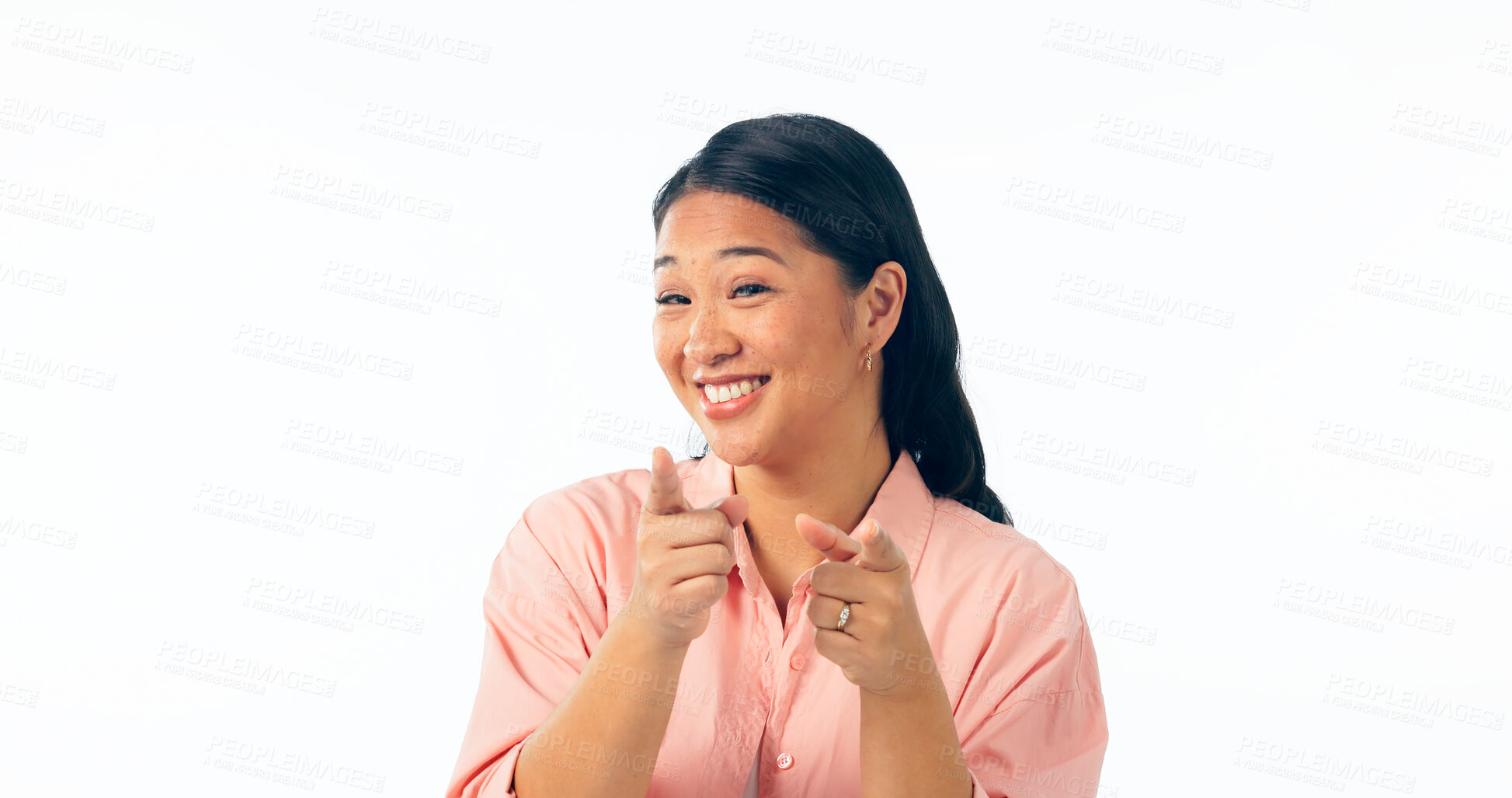 Buy stock photo Portrait, smile and pointing with an asian woman isolated on a white background to vote for you. Decision, choice and hand gesture of a happy young person looking confident in her option or selection