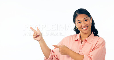 Buy stock photo Portrait, pointing and woman with a smile, opportunity and announcement isolated on white studio background. Face, person or model with hand gesture, mockup space and news with happiness or promotion