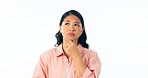 Thinking, confused and asian woman in studio for brainstorming, solution or memory on white background. Why, idea and female model with questions, emoji or problem solving, doubt or planning gesture