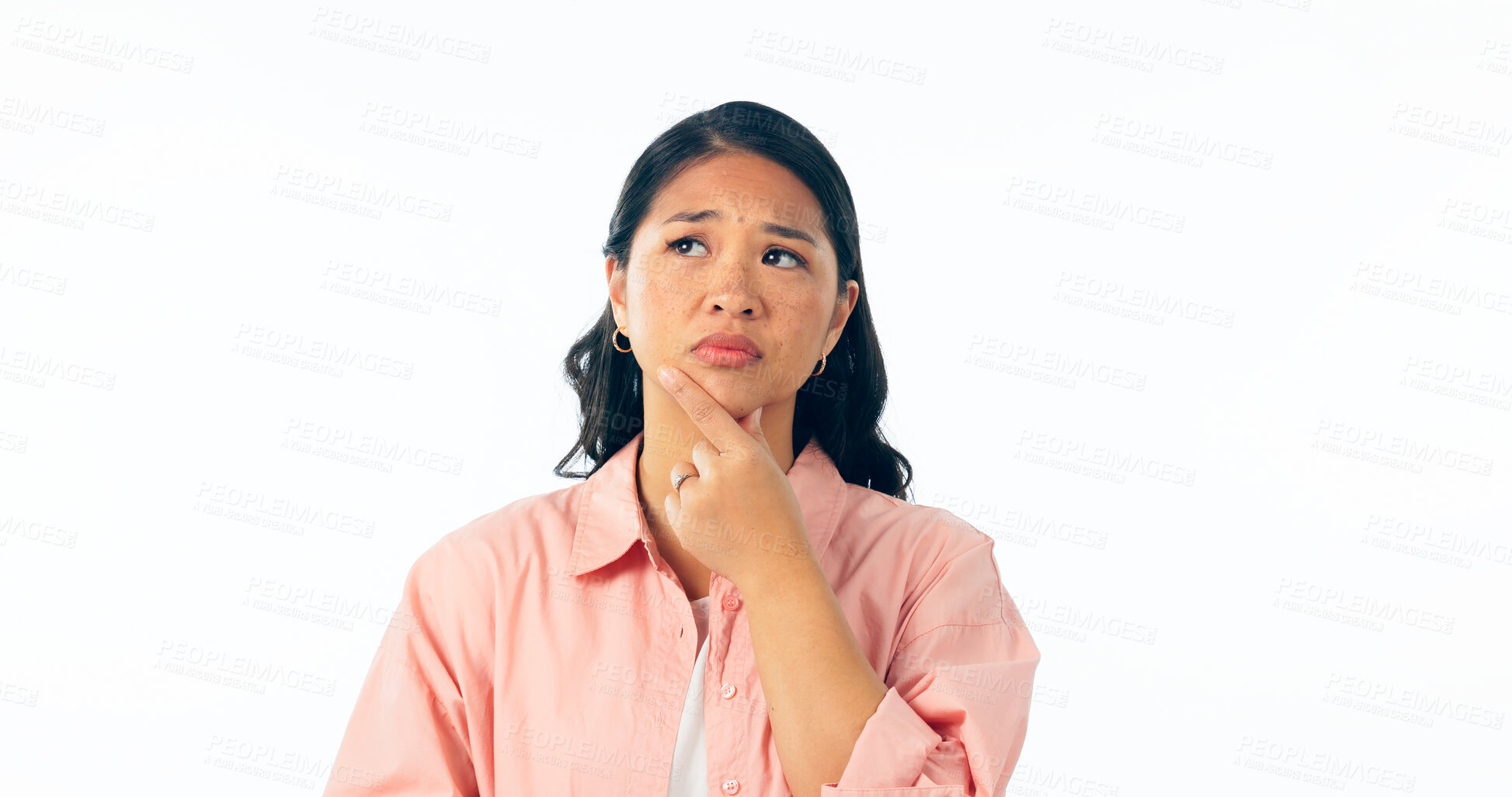 Buy stock photo Thinking, confused and asian woman in studio for brainstorming, solution or memory on white background. Why, idea and female model with questions, emoji or problem solving, doubt or planning gesture