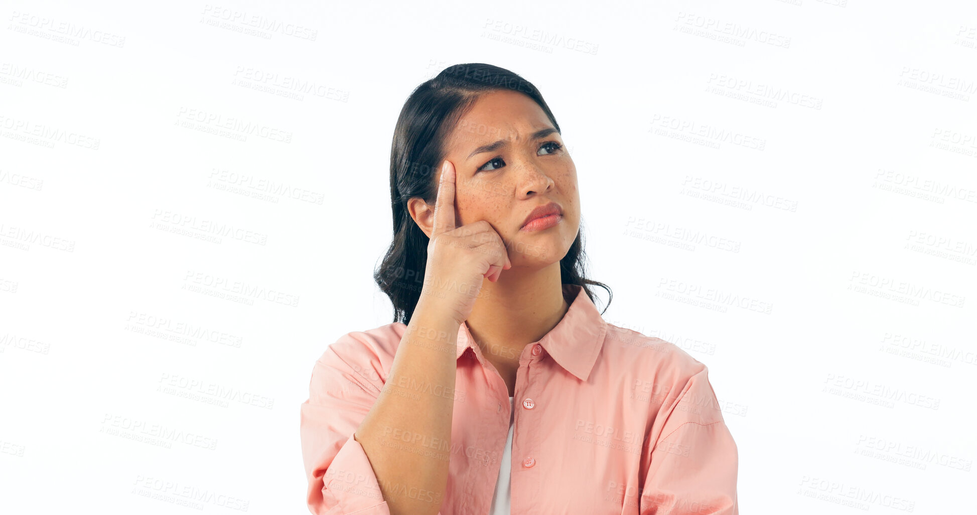 Buy stock photo Confused, thinking and asian woman in studio for brainstorming, solution or memory on white background. Why, idea and female model with questions, emoji or problem solving, doubt or planning gesture