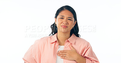 Buy stock photo Chest pain, portrait and woman in studio for heartburn, anxiety or emergency on white background. Stress, face and Asian model with lung, asthma or breathing problem, fail or indigestion reflux