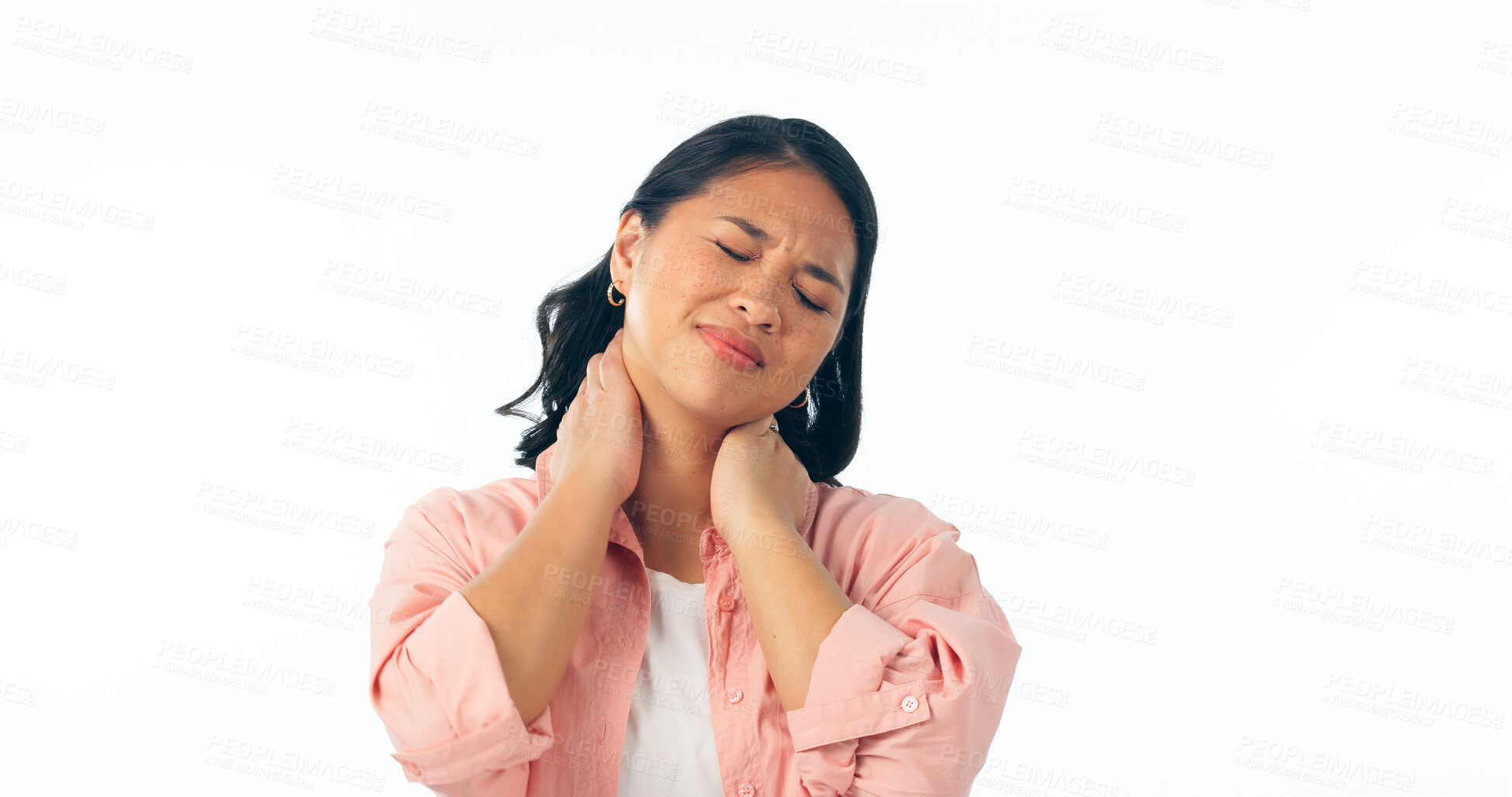 Buy stock photo Neck pain, stress and woman in studio with anxiety, problem or burnout on white background. Anatomy, injury and face of Japanese model with arthritis, fibromyalgia or osteoporosis, crisis or risk