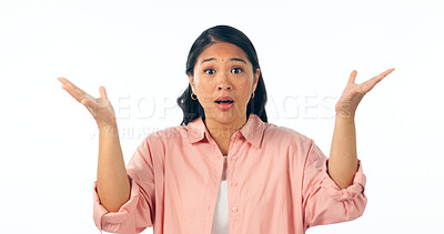 Buy stock photo Wow, surprise and portrait of woman with why hands in studio with news, announcement or promo on white background. Omg, shocked and face Japanese model with emoji gesture for wtf, mind blown or info